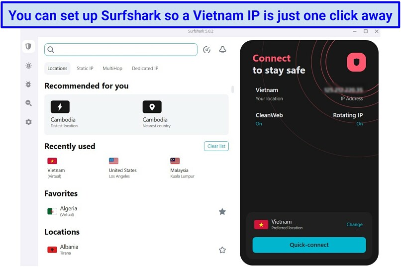 Screenshot of Surfshark app dashboard with Vietnam set as the Quick-connect server.