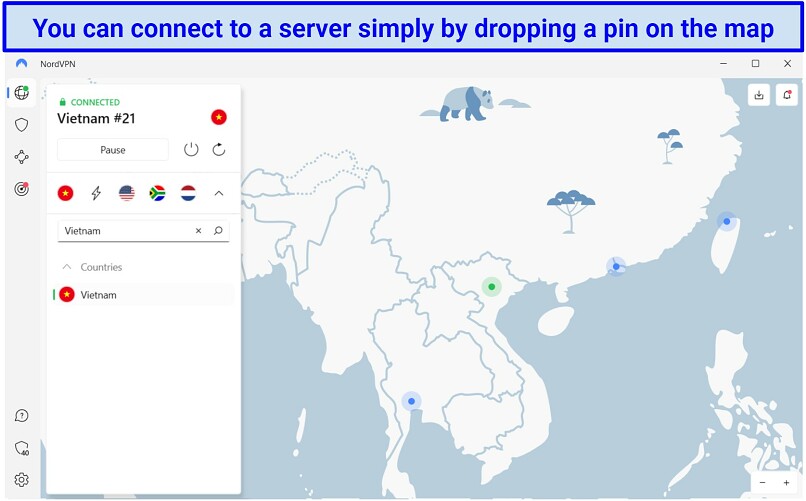 Screenshot of NordPVN's app interface with the visual server map.
