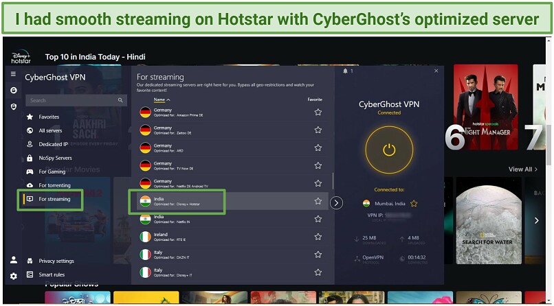 Watching Disney+ Hotstar with CyberGhost's streaming-optimized server in India