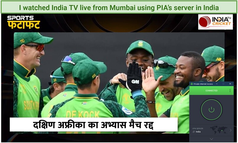 Watching India TV live while connected to Private Internet Access server in India
