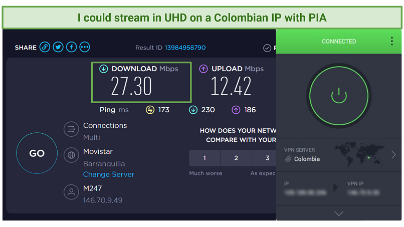 Screenshot of speed test results while connected to a Colombian PIA server