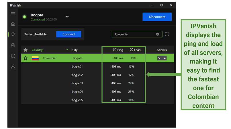 Screenshot showing how to search and select a server on IPVanish windows app interface