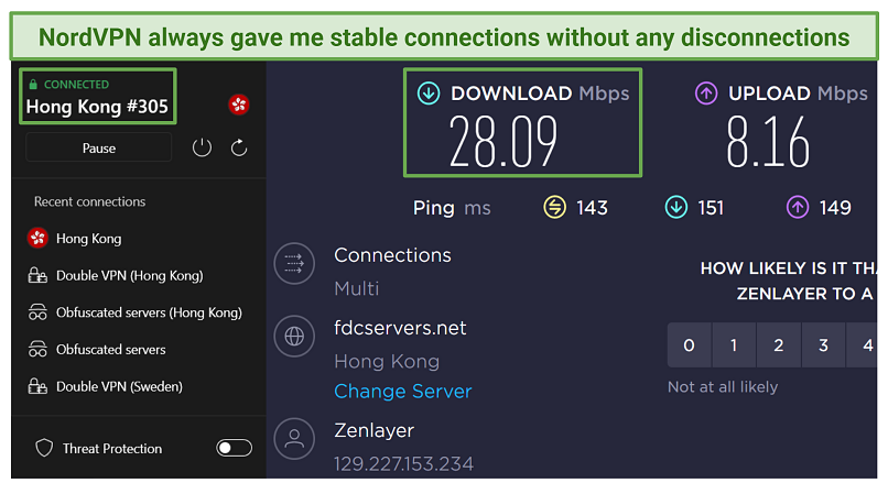Screenshot showing NordVPN speed results while connected to a Chinese IP