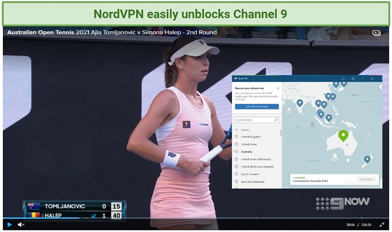 Screenshot of Channel 9 player streaming the Australian Open and NordVPN UI