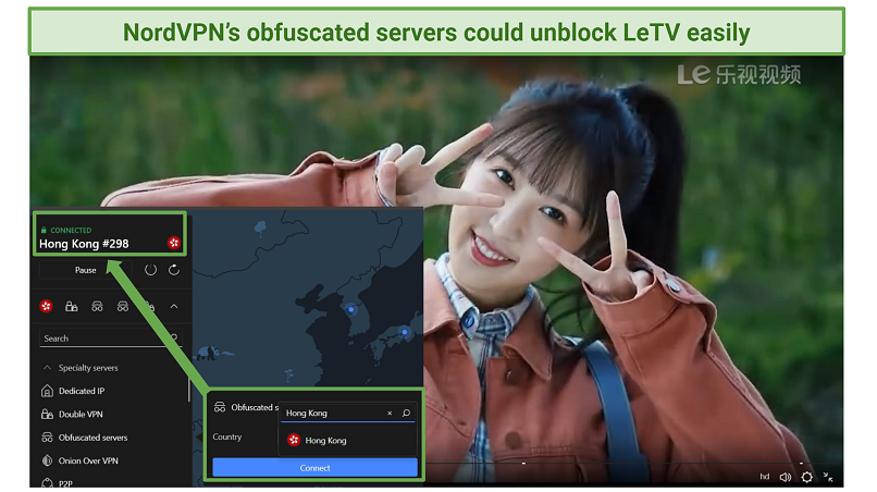 Screenshot showing the screenshot of NordVPN's Hong Kong obfuscated server unblocking LeTV