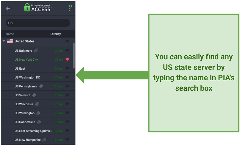 a screenshot of Private Internet Access list of US servers available, with New York marked favorite