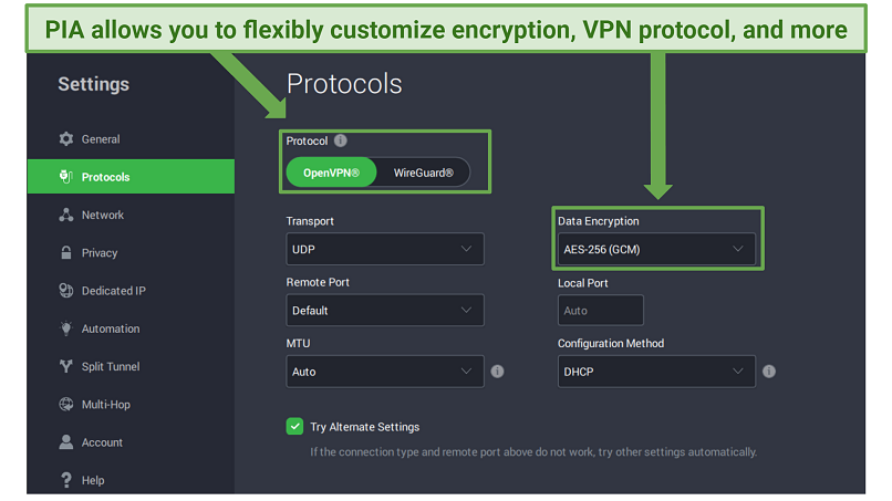 Screenshot showing Private Internet Access security settings you can alter when using a Colombia IP
