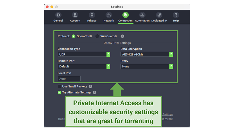 Graphic showing PIA security settings.