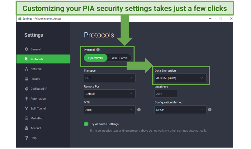 Image showing the app interface of Private Internet Access and how to customize security settings on it