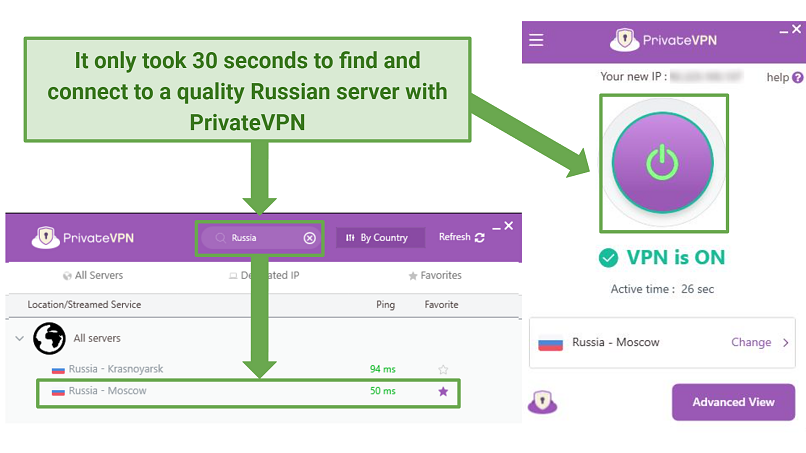 Screenshot showing how to connect to a Russian PrivateVPN server