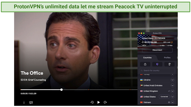 Screenshot showing Proton VPN's free US server unblocking Peacock TV