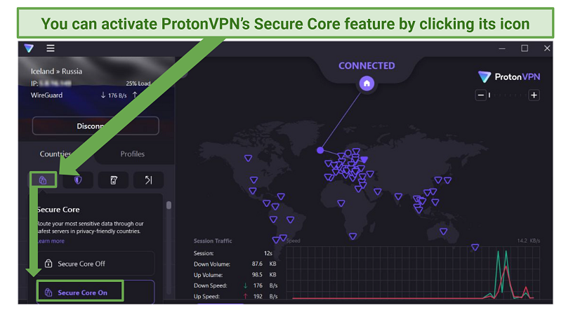 Screenshot showing how to access the secure core feature of ProtonVPN