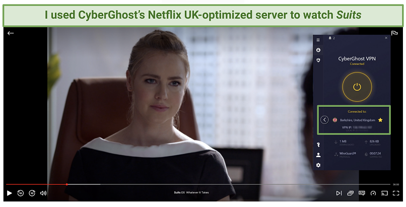 Screenshot of streaming Suits on Netflix UK using CyberGhost's Netflix UK optimized server
