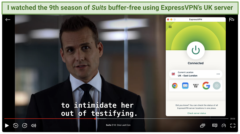 Screenshot of unblocking Netflix UK to watch Suits all 9 seasons using ExpressVPN's UK – East London server