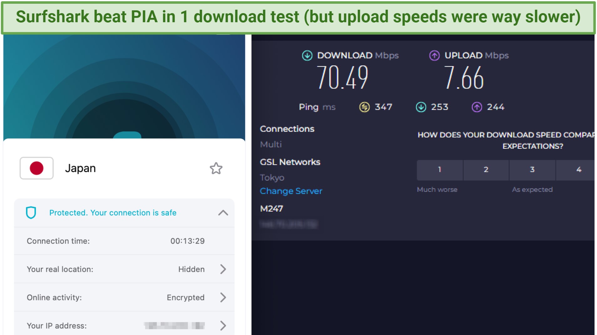 Screenshot of the Surfshark app over an online speed test