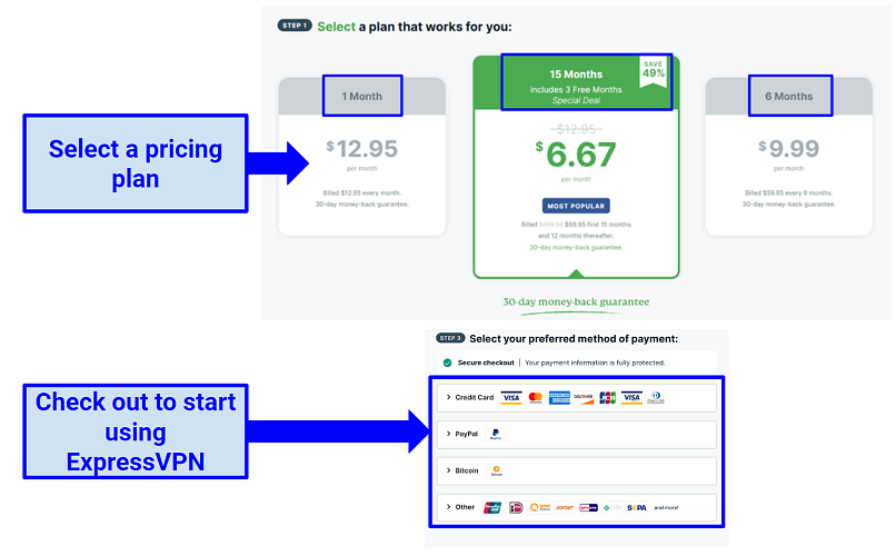 ExpressVPN 가격 계획 및 체크 아웃 옵션의 스크린 샷