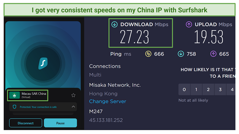 Screenshot showing speeds of Surfshark with its server in China (Macau) connected.