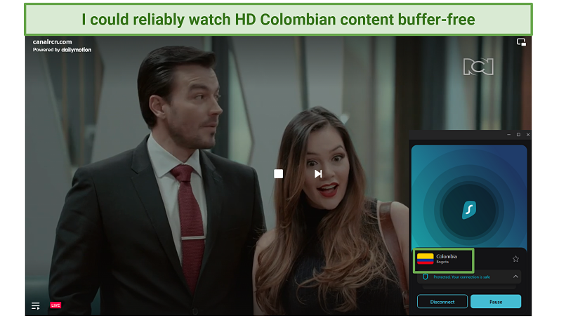 Screenshot of a CanalRCN stream with Surfshark VPN active and connected to a Colombian server