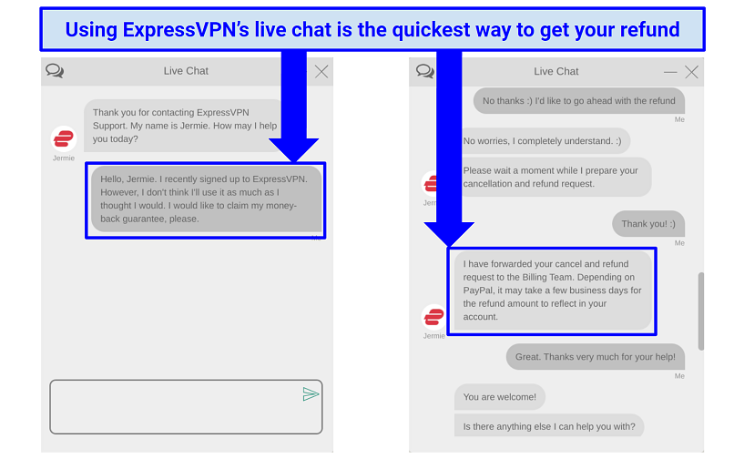 Zrzuty ekranu rozmowy WTH ExpressVPN agent, aby ubiegać się o gwarancję zwrotu pieniędzy