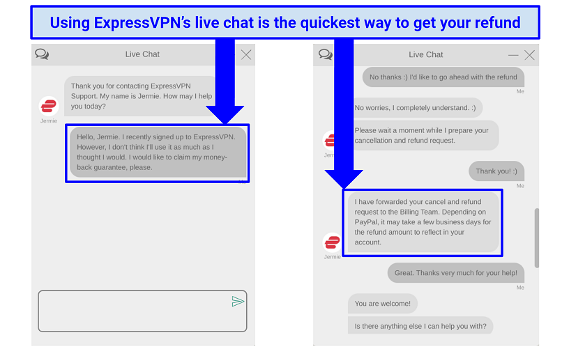대화의 스크린 샷 wth expressvpn 에이전트 청구 자금 지원 보증
