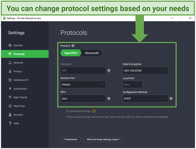 Screenshot of PIA showing its various protocol settings