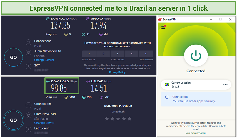 Screenshots showing speed test results with and without ExpressVPN connected to Brazil server