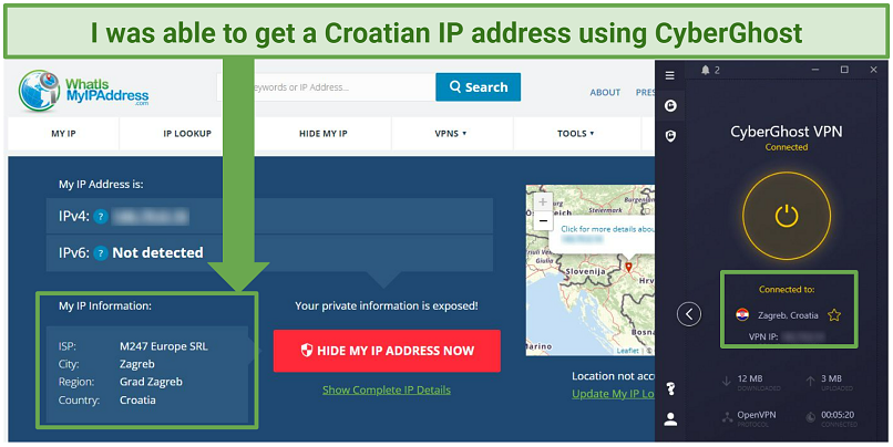Screenshot showing a Croatian IP address with CyberGhost connected to its Zagreb server