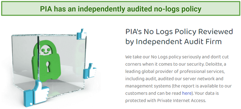 Screenshot of PIA website showing that it has an independently-audited no logs policy