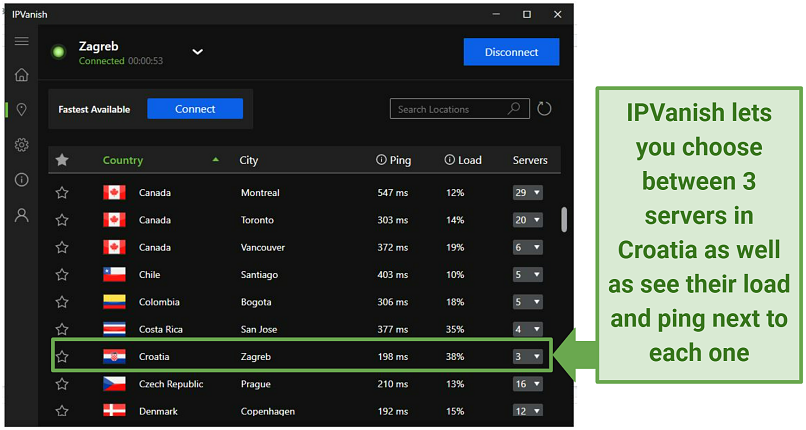 Screenshot showing that IPVanish has three servers in Zagreb, Croatia