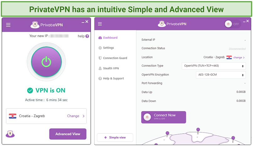 Screenshot showing PrivateVPN's Simple and Advanced Views