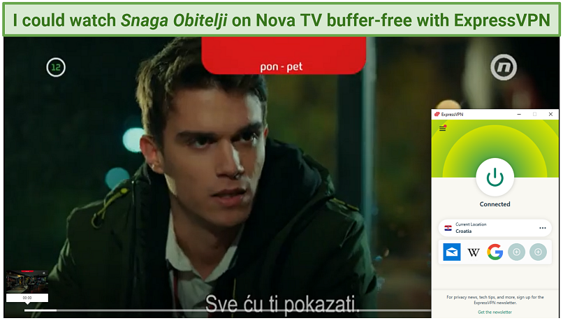 Screenshot showing Snaga Obitelji playing on Nova TV with ExpressVPN connected to Croatian server