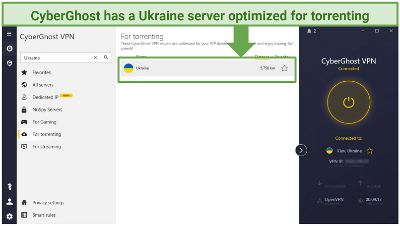Screenshot of CyberGhost's interface showing its P2P-optimized server in Ukraine.