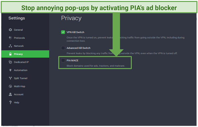 Screenshot of PIA's interface showing the PIA MACE option to block ads, trackers, and malware.