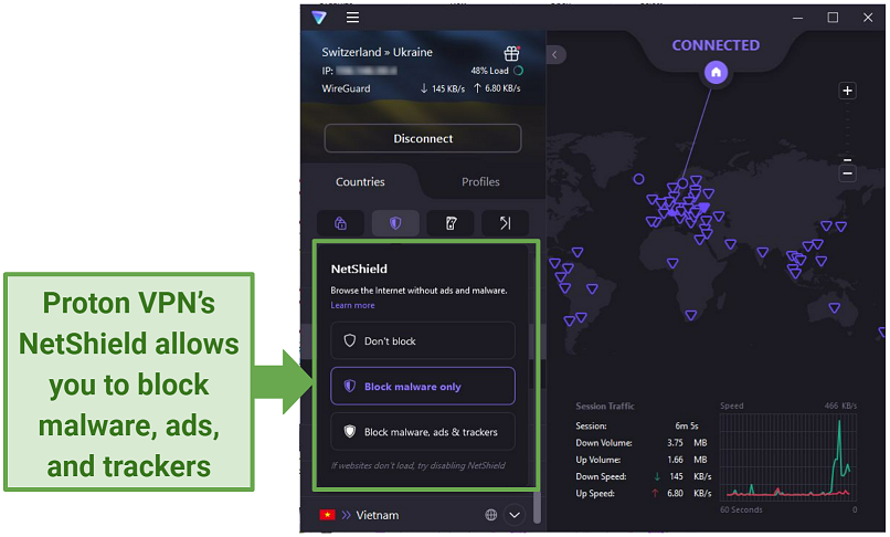 Screenshot showing Proton VPN's NetShield ad and malware blocker