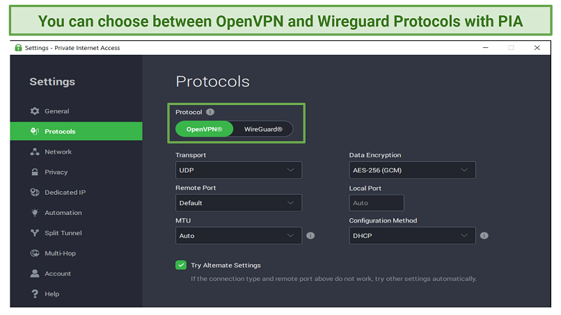 Screenshot showing Private Internet Access settings menu with many customizable options