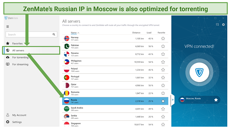 Screenshot showing ZenMate VPN's server list highlighting the Russian server
