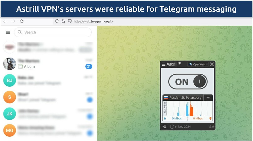 A screenshot showing Astrill VPN's servers were reliable for Telegram messaging