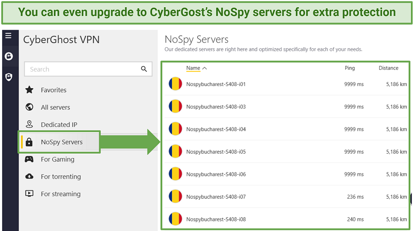 A screenshot showing CyberGhost's independently operated NoSpy servers