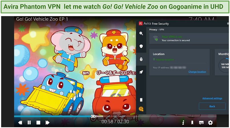 AVIRA PHANTOM VPN Pulsuz serverə qoşulduqda Gogoanime-də bir anime axan bir ekran görüntüsü