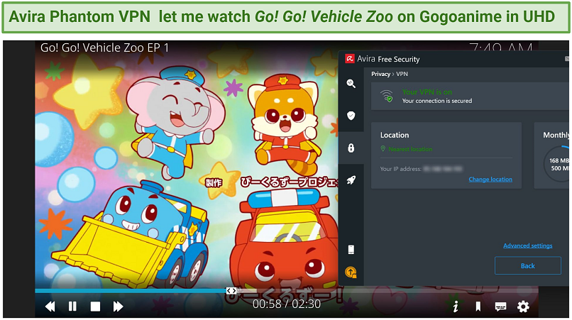 A screenshot showing streaming an anime on Gogoanime while connected to Avira Phantom VPN free server