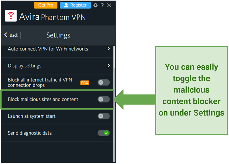 A screenshot of the Avira Phantom VPN app showing how to turn on the malicious content blocker