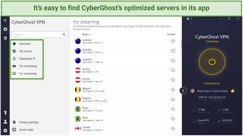 A screenshot showing CyberGhost's optimized servers in its app