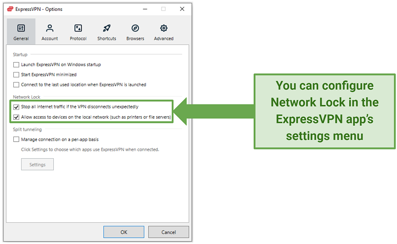 Screenshot of ExpressVPN's Network Lock features in the general settings menu