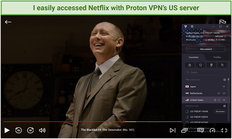 Screenshot showing the Proton VPN free US servers accessing Netflix US