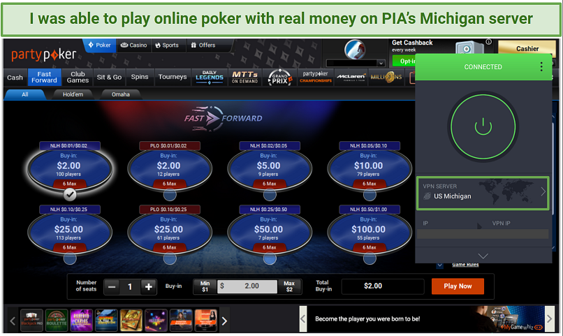 Screenshot of PIA's US Michigan server accessing partypoker