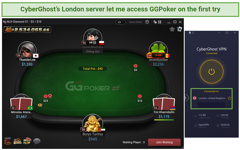 Screenshot of CyberGhost's London server access GGPoker