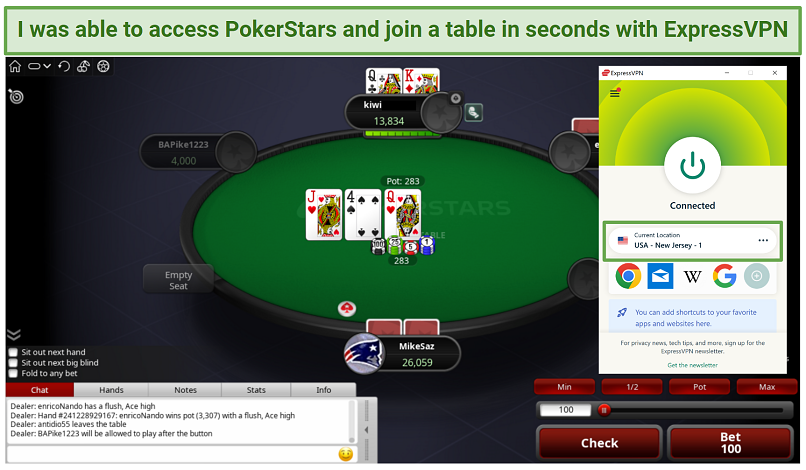 Screenshot of ExpressVPN's New Jersey server accessing PokerStars