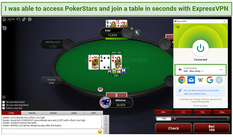 Screenshot of ExpressVPN's New Jersey server accessing PokerStars