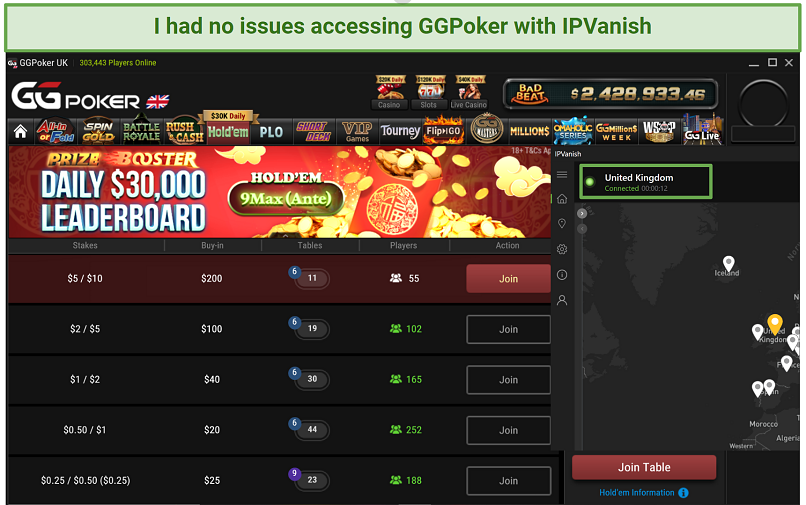 Screenshot of IPVanish accessing UK GGPoker on UK server