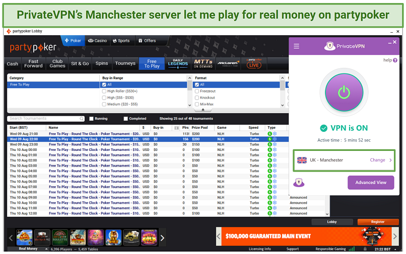 Screenshot of PrivateVPN accessing partypoker using Manchester server